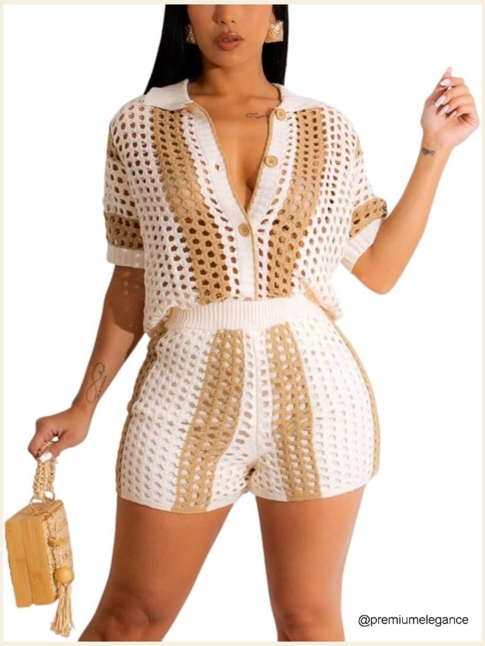 Crochet Two Piece Shorts Set Summer Knit Button Down Top Matching Outfit
